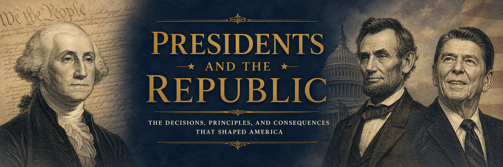 Presidents and the Republic — The decisions, principles, and consequences that shaped America, featuring George Washington, Abraham Lincoln, and Ronald Reagan